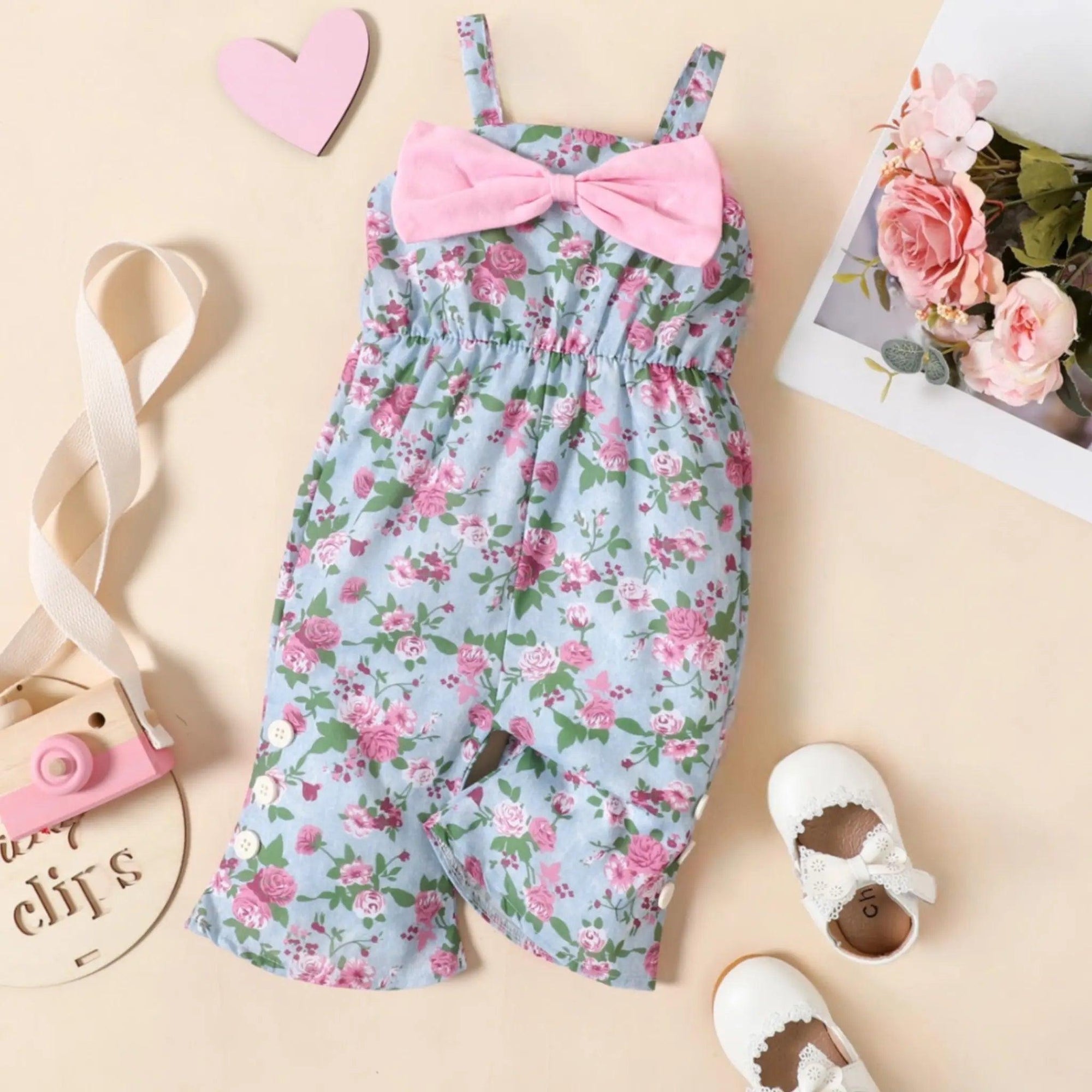 Baby Toddler Girls Blue Floral Print Big Bow Summer Jumpsuit Bling Bling Baby Boutique