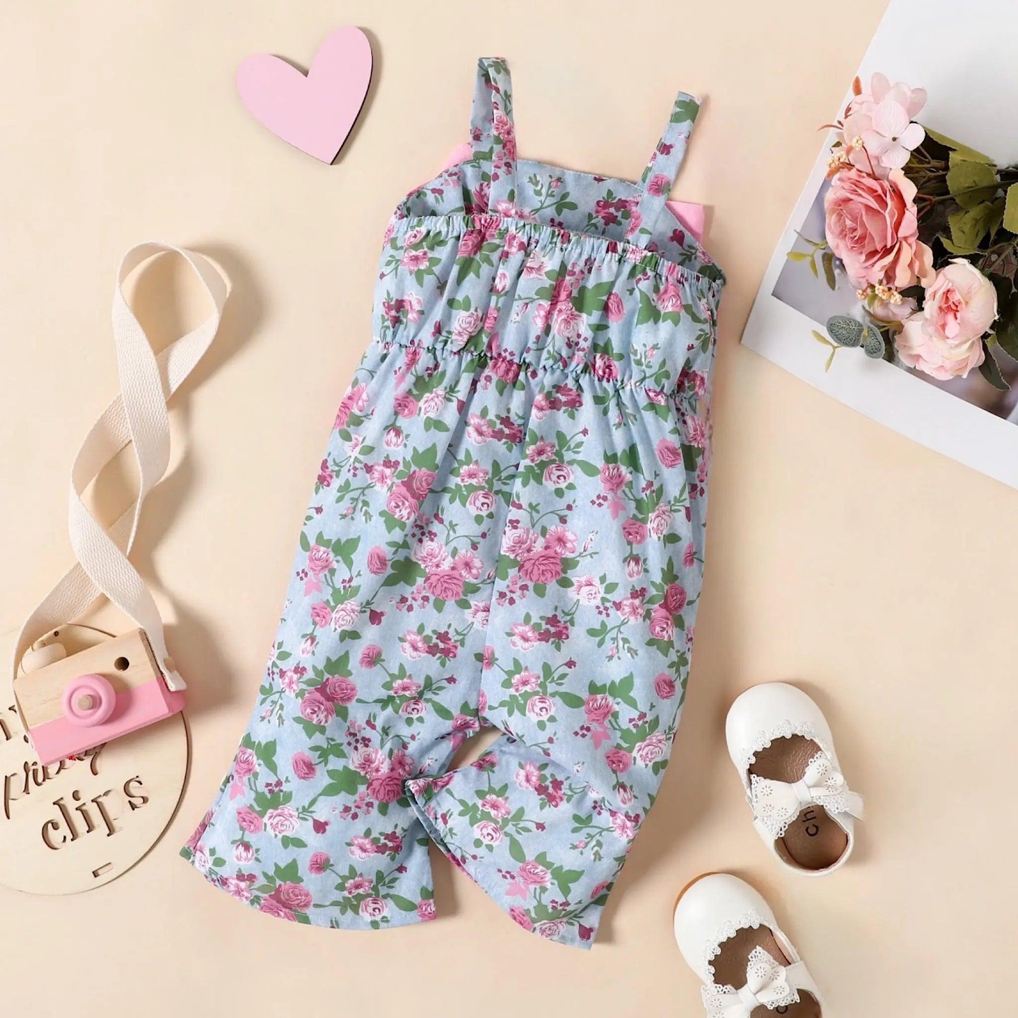 Baby Toddler Girls Blue Floral Print Big Bow Summer Jumpsuit Bling Bling Baby Boutique