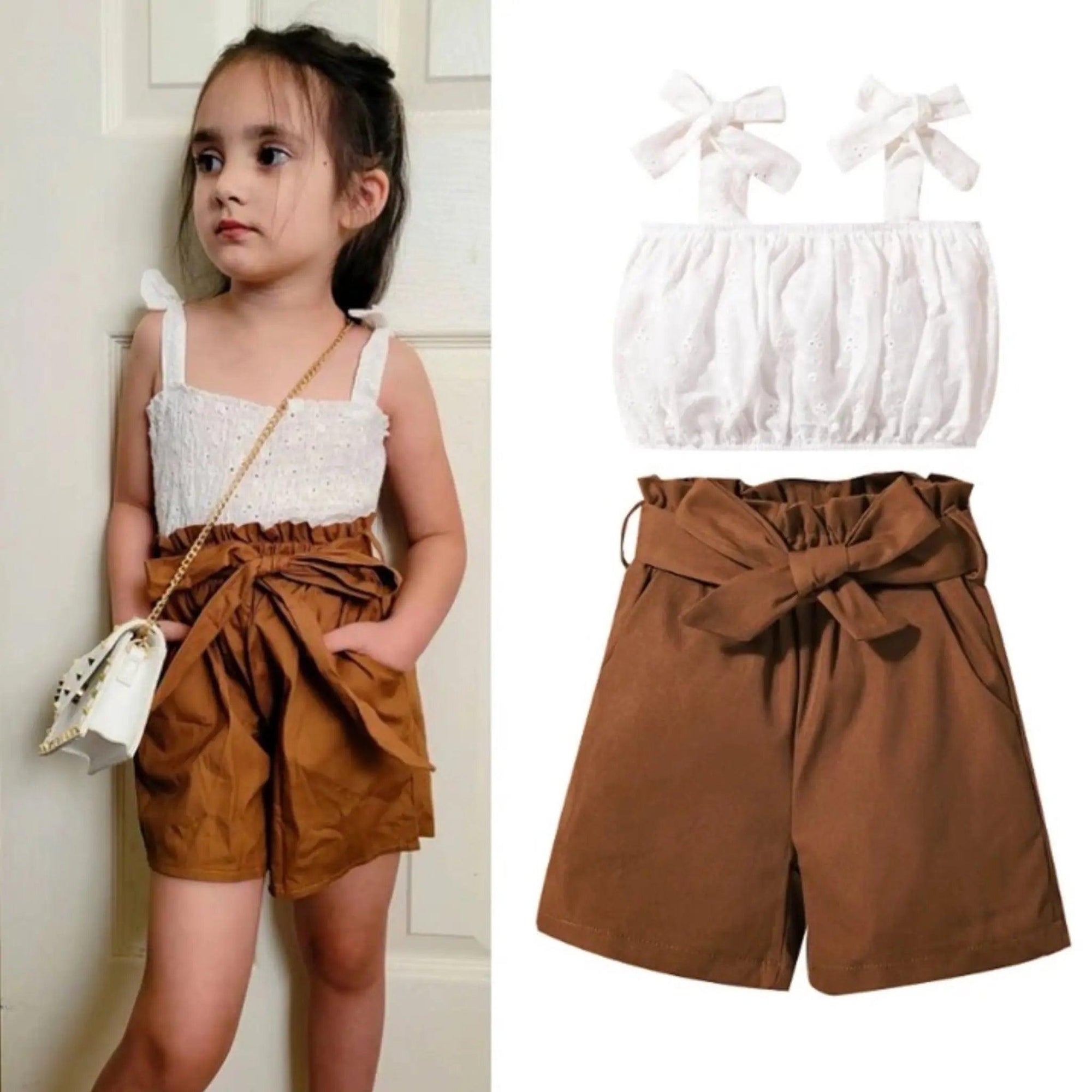 Baby Toddler Girls Eyelet Crop Top and Belted Brown Shorts Set, Model