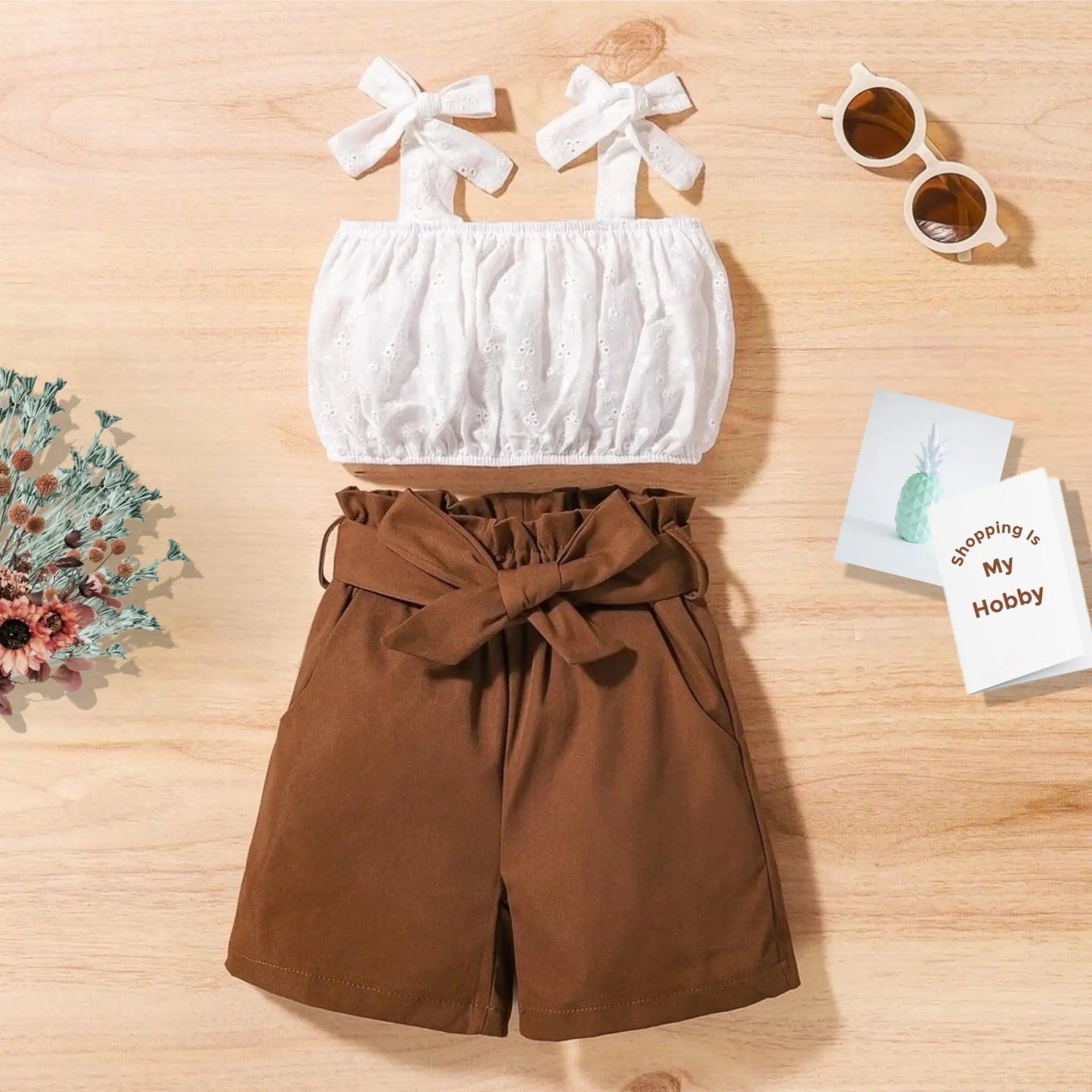 Baby Toddler Girls Eyelet Crop Top and Belted Brown Shorts Set Bling Bling Baby Boutique