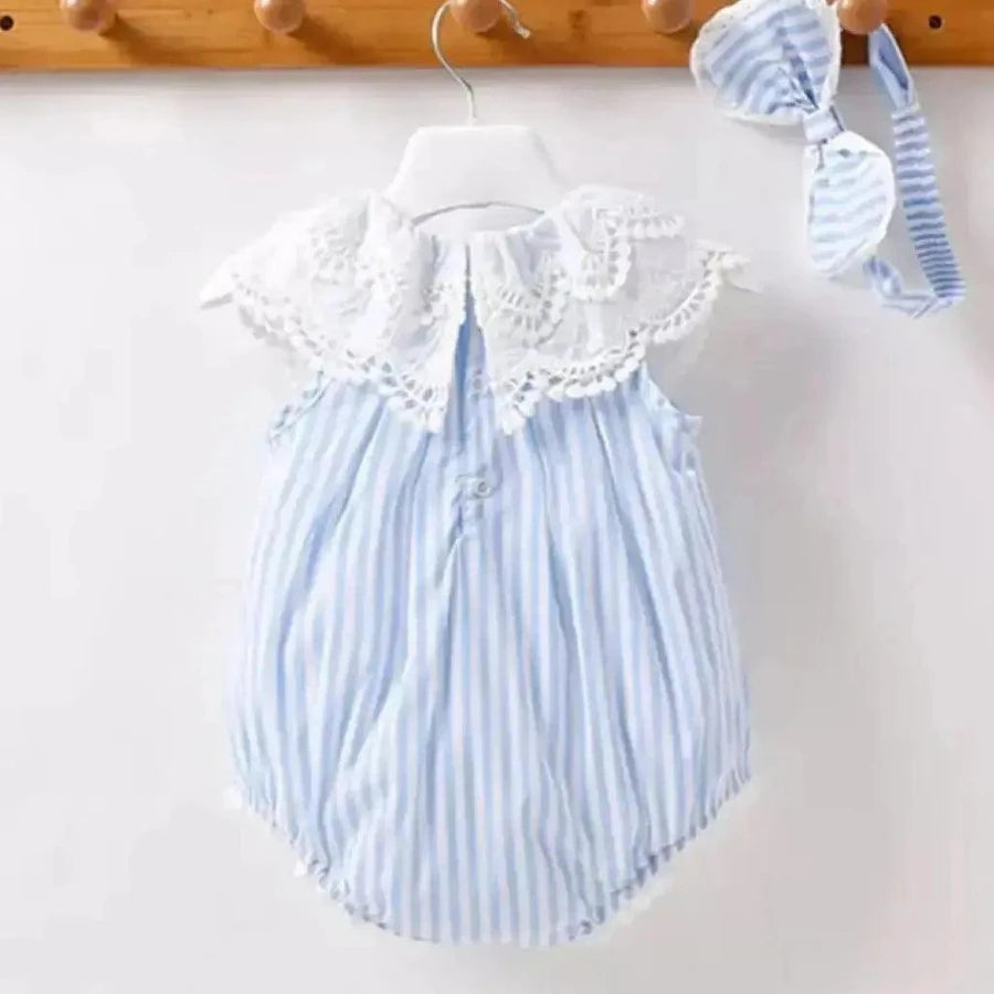 Baby Toddler Girls Romper Blue White Lace Trim Striped Romper Bling Bling Baby Boutique