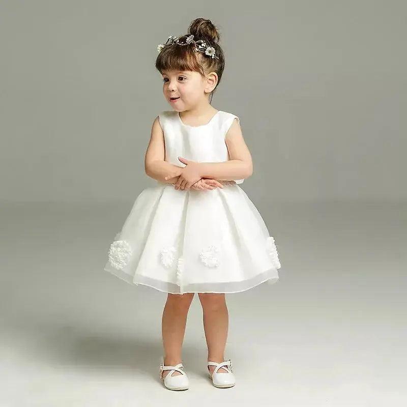Baby Toddler Girls Solid White Rose Petal Trim Lace & Chiffon Dress Bling Bling Baby Boutique