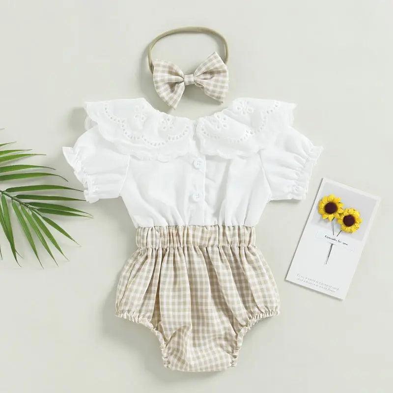Baby Toddler Girls Beige and White Checkered Romper and Headband Bling Bling Baby Boutique