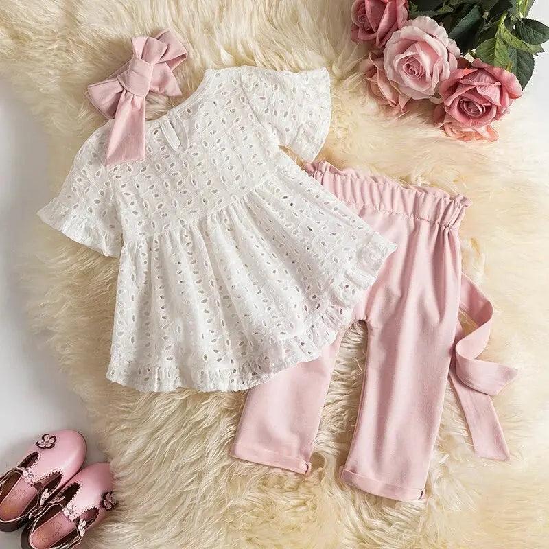 Baby Girls Hollowed White Eyelet Top Belted Pants and Headband Bling Bling Baby Boutique